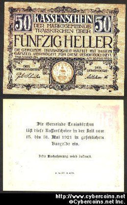 Austrian notgeld, Traiskirchen, 50 Heller, UNC