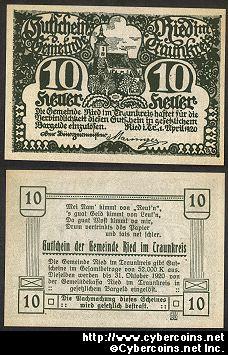 Austrian notgeld, Ried, 10 Heller, UNC.