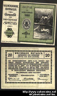 Austrian notgeld, Spitz, 20 Heller, UNC