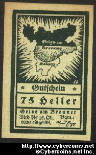 Austrian notgeld, Gries, 75 Heller, UNC.