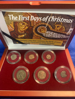 "The First Days of Christmas" , authentic ancient 6 coin set in beautiful wood box