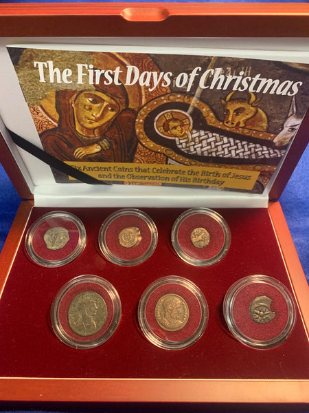 "The First Days of Christmas" , authentic ancient 6 coin set in beautiful wood box
