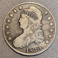 1830 Cap Bust Half Dollar, F, “A” initial in obv field