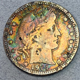 1914 Barber Quarter, Grade= F, cleaned but now toned brilliant rainbow colors