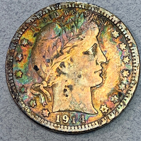 1914 Barber Quarter, Grade= F, cleaned but now toned brilliant rainbow colors