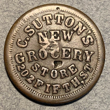 Civil War Token, 1863, C Sutton’s, XF damaged, New Grocery Store, Double sruck date and last S on Suttons OH-165-F2-1a,  Store Card Token