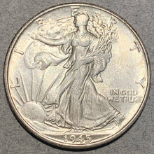 1945 S Walking Half Dollar, Grade= AU58, light lilac toning