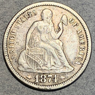 1874 Seated Liberty Dime, Grade=  VF, arrows, problems