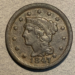 1847, XF Braided Hair Large Cent, light corrosion/ problems
