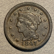 1847, XF Braided Hair Large Cent, light corrosion/ problems