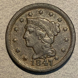 1847, XF Braided Hair Large Cent, light corrosion/ problems