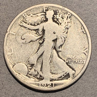 1921 D Walking Liberty Half Dollar, VG, a couple tiny rim ticks