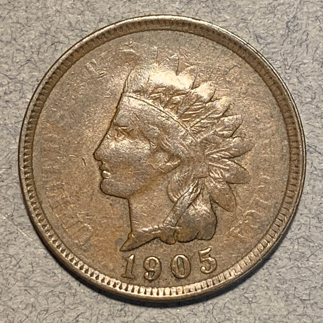 1905 Indian Cent, Grade= XF, Error- Strike through on large area of obv.