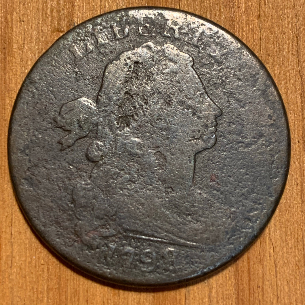 1798 large Cent Draped Bust, F, corroded –