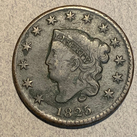 1825, F18  Coronet Head Large Cent. Dark porous surfaces