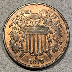 1870 Two Cent Piece, XF detail, cleaned, weak “WE”