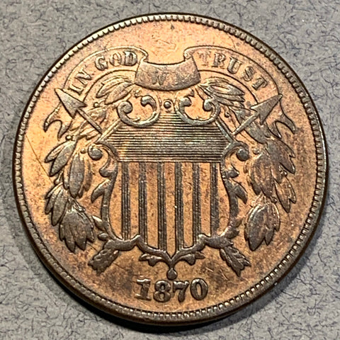 1870 Two Cent Piece, XF detail, cleaned, weak “WE”