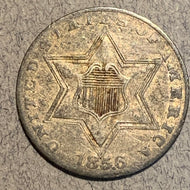 1856, XF  Three Cent Silver Piece, a few very light thin scratches on obv