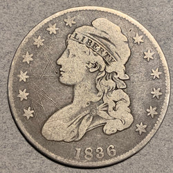 1836 Capped Bust Half Dollar, VG/F, LE, initials in obv field