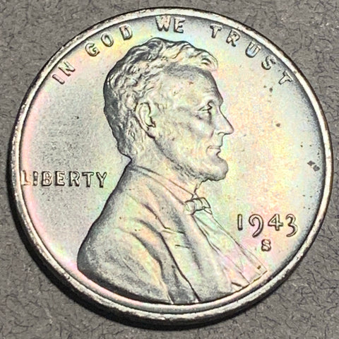 1943 S Lincoln Cent, MS64, Beautiful light pastel rainbow toning