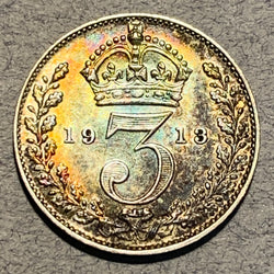 Great Britain, 1914,  3 pence,  AU, KM813 - silver .925 attractively toned on dated side