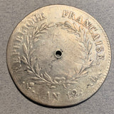 France, AN12L, 5 Francs, VG holed in center, .900 silver .7234 ASW, KM660.7