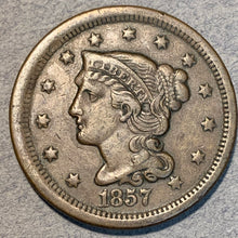 1857 Large Cent Braided Hair, XF, small date. Exact coin imaged. This coin ships for free.