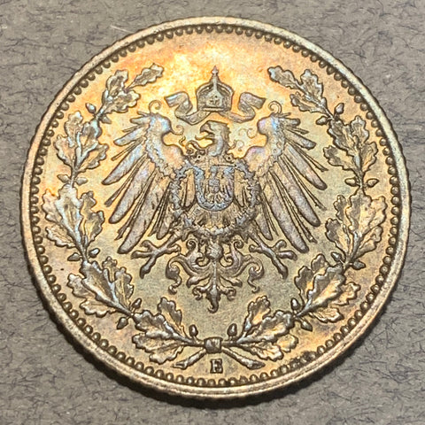 Germany, 1906E, 1/2 mark, AU nice gold tone, KM17
