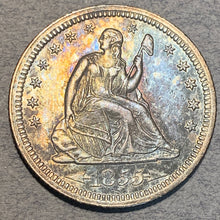 1855 Seated Quarter, AU55, beautiful odd blue and gold toning