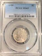 1908 V Nickel, PCGS MS63