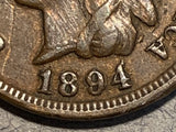 1894 Indian Cent, Grade= F, Repunched date error, FS-01-1894-301, Snow 1. Many scratches on obverse