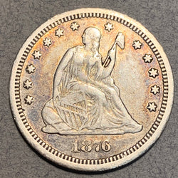 1876 CC Seated Liberty Quarter, VF