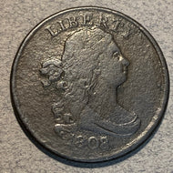 1808/7  Draped Bust Half Cent   F15, very nice coin overall with solid details and clear overdate - full rims - surfaces are porous, but even and not distracting - dark rich brown color - CMM2-R3 G1-R4. Exact coin imaged. This coin ships for free.