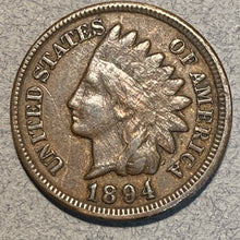 1894 Indian Cent, Grade= F, Repunched date error, FS-01-1894-301, Snow 1. Many scratches on obverse