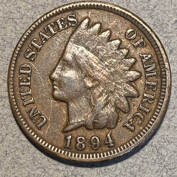 1894 Indian Cent, Grade= F, Repunched date error, FS-01-1894-301, Snow 1. Many scratches on obverse