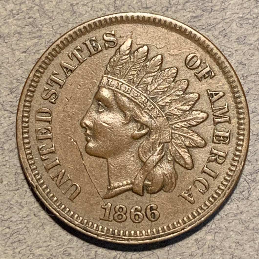 1866 Indian Cent, Grade=  AU, a couple long thin scratches