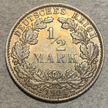 Germany, 1906E, 1/2 mark, AU nice gold tone, KM17