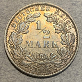Germany, 1906E, 1/2 mark, AU nice gold tone, KM17