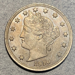 1910 V Nickel, Grade= AU, light luster beneath toning