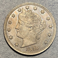 1910 V Nickel, Grade= AU, light luster beneath toning