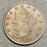 1910 V Nickel, Grade= AU, light luster beneath toning