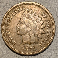 1871 Indian Head Cent, F, All details of VF except for “LIBERTY”