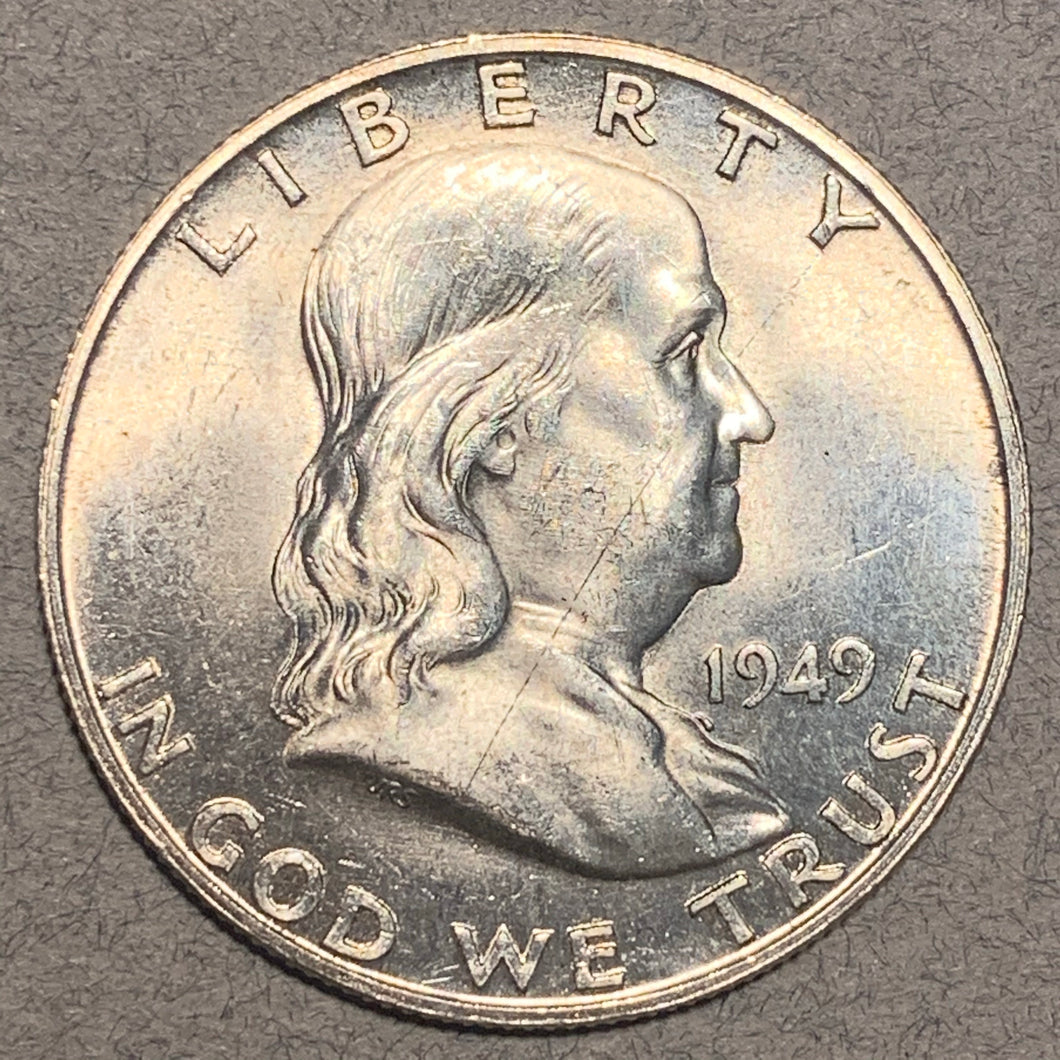 1949-D Franklin Half Dollar, Grade= MS60, obv scratch