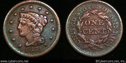 1851, VF   Braided Hair Large Cent.