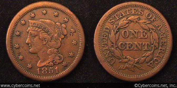 1851, VF   Braided Hair Large Cent.