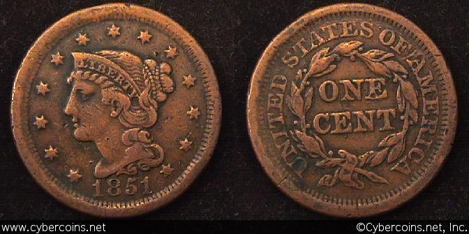 1851, VF   Braided Hair Large Cent.