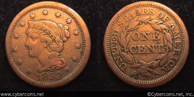  1853 Braided Hair Large Cent F Fine Copper Penny 1c US