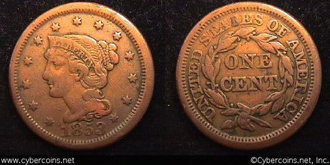 1853, VF   Braided Hair Large Cent.