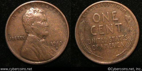 1913-S Lincoln Cent, Grade= VF