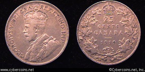 1919, Canada 25 cent, KM24, VF.